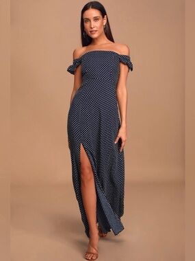 Lulu’s Dream Love Navy Blue Polka Dot off the shoulder maxi dress